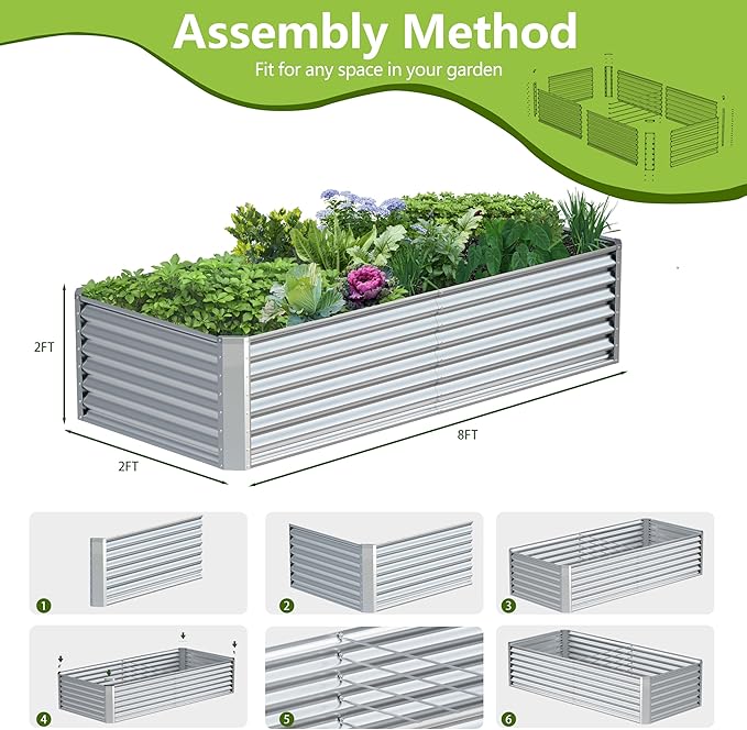 8x2x2FT Galvanized Raised Garden Bed,Galvanized Planter Boxes Outdoor, Large Metal Raised Garden Beds for Vegetables-Silver