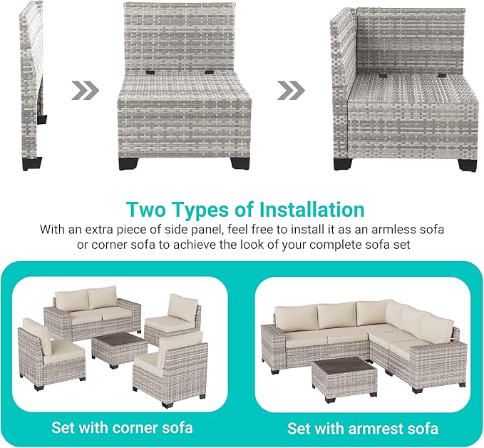10-Piece Outdoor Patio Furniture Set with Rocking Swivel Chair, PE Wicker Rattan Sectional Sofa Patio Conversation Set with 55,000 BTU Fire Pit Table & Coffee Table, White