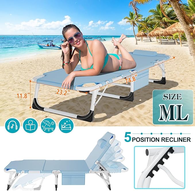 ABORON Oversized Folding Sun Tanning Chair, 3 in 1 Heavy Duty Chaise Lounge Chairs, with Mat/Pillow/Face Arm Holes, Work for Beach Pool/Lawn Yard/Patio