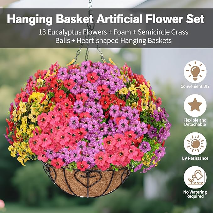 Artificial Hanging Flower for Outdoors, Fake Hanging Basket for Outside,1 Hanging Basket with 13 Pcs Faux Silk Flowers for Porch, Balcony and Patio Decor(Mixed)