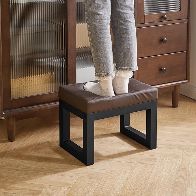 IBUYKE 16 Inch Small Foot Stool Ottoman, Rectangle PU Faux Leather Foot Rest with Padded Seat and Metal Legs, Modern Ottoman Foot Rest for Living Room Bedroom Entryway Couch, Deep Coffee WBD026K