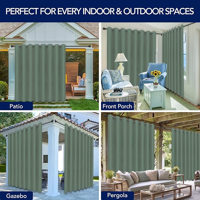 PureFit Outdoor Curtains for Patio Waterproof Weatherproof, UV Resistant Outside Curtains for Gazebo, Front Porch, Pergola, Sun Blocking Privacy Curtain, 120W x 95L inch, 1 Panel, Sage Green