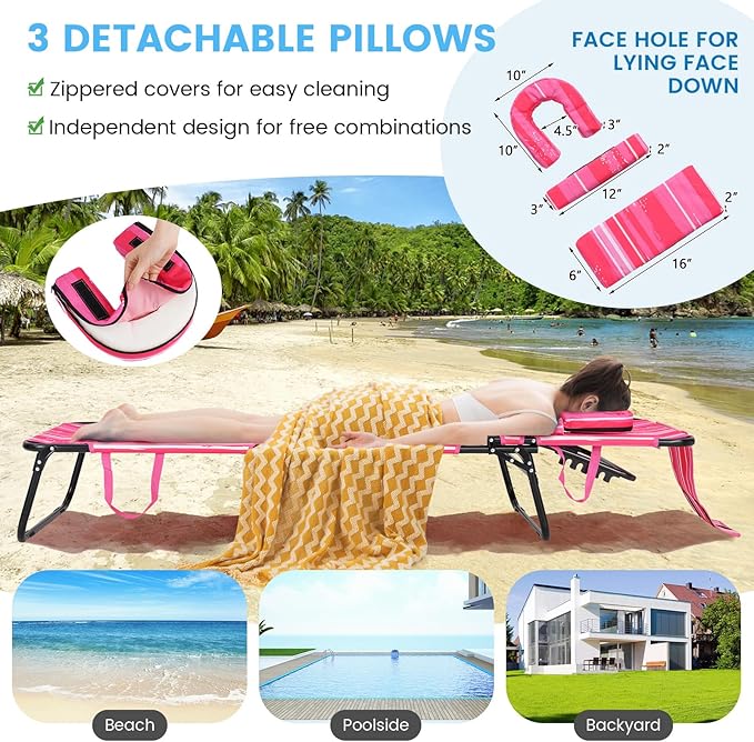 GYMAX Tanning Chair, 350lbs Beach Lounge Chair with Face Hole, Washable Pillow & Carry Strap, Adjustable Folding Chaise Lounge, Layout Lounger for Outside, Patio, Poolside, Lawn (1, Pink Stripe)