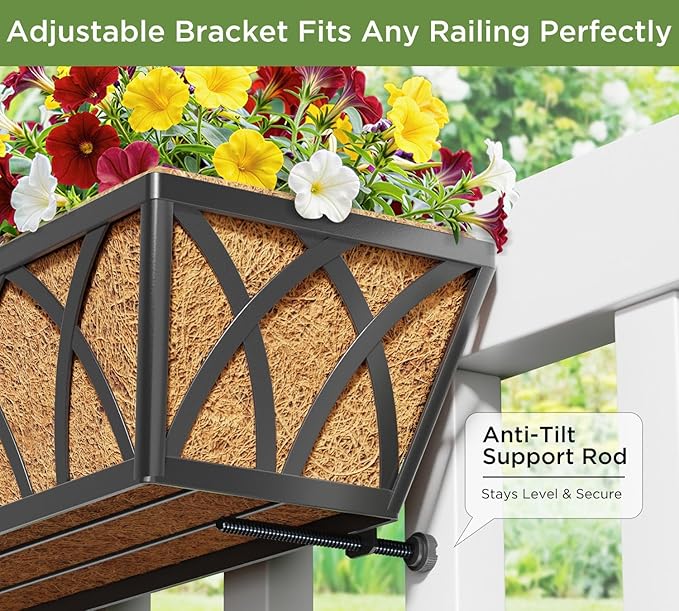 HFHOME 4 Pcs 30" Window Box Deck Railing Planter with Horse Trough Coco Liners, Black Metal Hanging Flower Planters Baskets for Indoor, Outdoor, Balcony, Porch, Fence, Patio, and Lawn