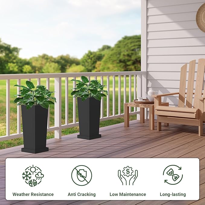 Tall Planters 18" H - 2 Pack, Tapered Pots with Drainage Insert Shelve & Trays, Metal Outdoor Planter Box for Porch, Garden, Patio, Yard (Black)