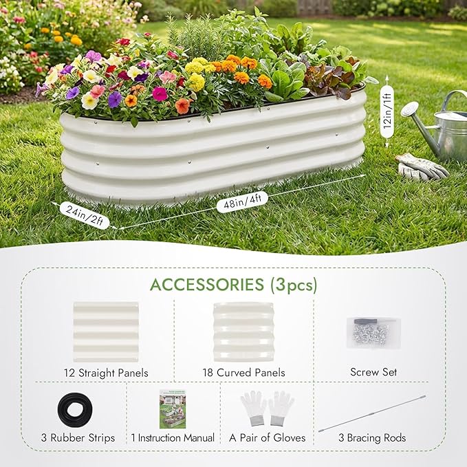 INNO STAGE 3Pcs Galvanized Raised Garden Bed Kit, Outdoor Metal Raised Garden Beds for Vegetables, Rust-Resistant & Easy Assembly, 4x2x1ft Oval Raised beds for Gardening, Flowers, Herbs (White)