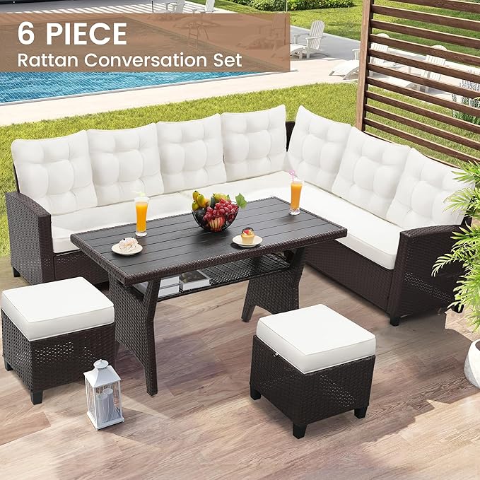 KROFEM6-Piece Patio Furniture Set, Outdoor Sectional Sofa with Dining Table & Chairs, All-Weather Dining Set with Removable Cushion Covers, Ideal for Garden, Porch, Backyard, White