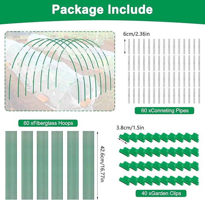 Greenhouse Hoops Grow Tunnel, 10 Sets of 8FT Long Garden Hoops for Raised Beds, Rust-Free Fiberglass Support Hoops Frame for Garden Netting, DIY Plant Support Garden Stakes for Row Cover, 60 Pcs
