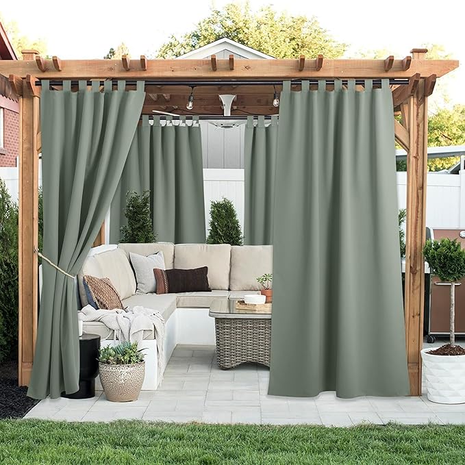 NICETOWN 2 Panels Outdoor Sage Green Curtainss Waterproof for Patio, Detachable Sticky Tab Top Weighted Blackout Sun & Rain Block Window Treatment, Privacy for Gazebo/Porch, W52 x L84
