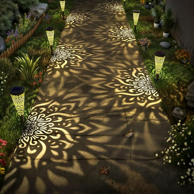 6 Pack Solar Lights Outdoor Garden Decorative Mandala Solar Garden Lights with Warm Light Waterproof Solar Pathway Landscape Lights for Path Patio Backyard Walkway Yard Lawn Decor (Black)