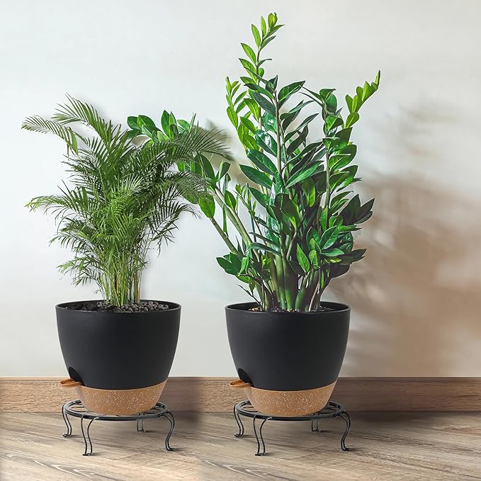 12inch 2Pack Large Self Watering Planters, Plastic Plant Pots with 60oZ Removable Deep Reservoir and Multi Mesh Drainage Holes for Indoor Outdoor Garden Plants and Flowers, Black with Brown