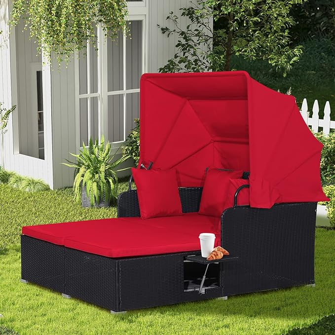 COSTWAY Outdoor Daybed with Retractable Canopy, Wicker Patio Furniture Set with Cushioned Pillows, Patio Rattan Daybed for Deck, Backyard, Poolside (Red)