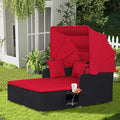 COSTWAY Outdoor Daybed with Retractable Canopy, Wicker Patio Furniture Set with Cushioned Pillows, Patio Rattan Daybed for Deck, Backyard, Poolside (Red)