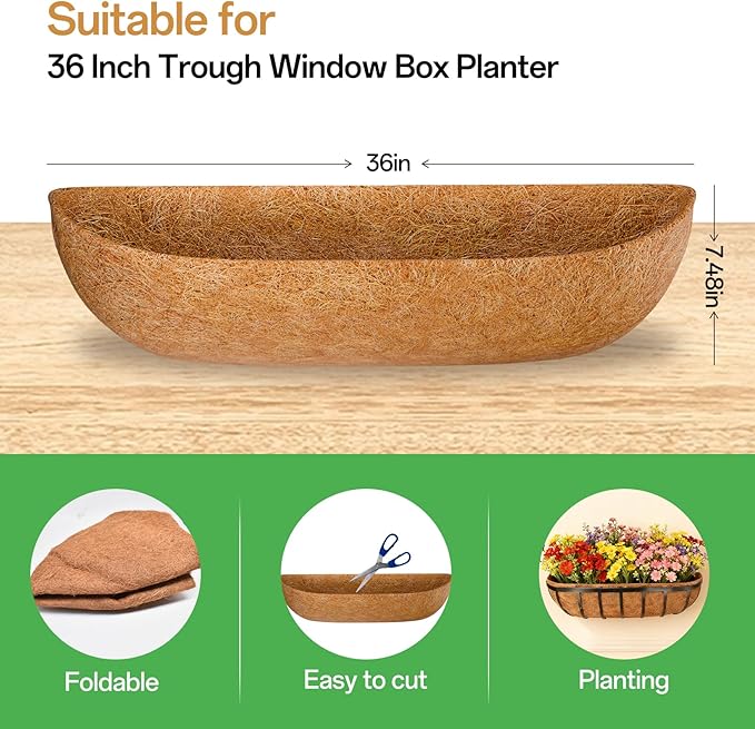 ZeeDix 36 Inch Trough Coconut Liners for Planters (4-Pack) - 100% Natural Coconut Coir Fiber Planter Liners Replacement for Window Boxes, Wall Baskets, Deck Flower Boxes, Garden Railing Fence Troughs