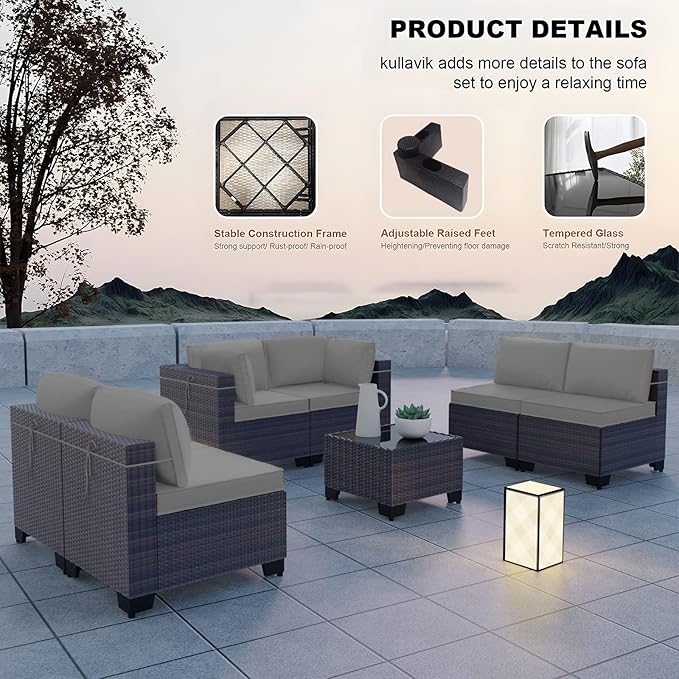 Kullavik 7 Pieces Outdoor Patio Furniture Set PE Wicker Rattan Sectional Sofa Patio Conversation Sets,Grey