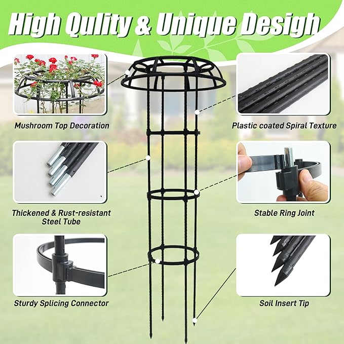 Garden Trellis for Climbing Plants Outdoor, 65 Inch Mushroom Top Trellis for Climbing Plants, Plant Trellis Support for Potted Plants Climbing Vine Rose Clematis Vegetable Trellis, 1 Pack