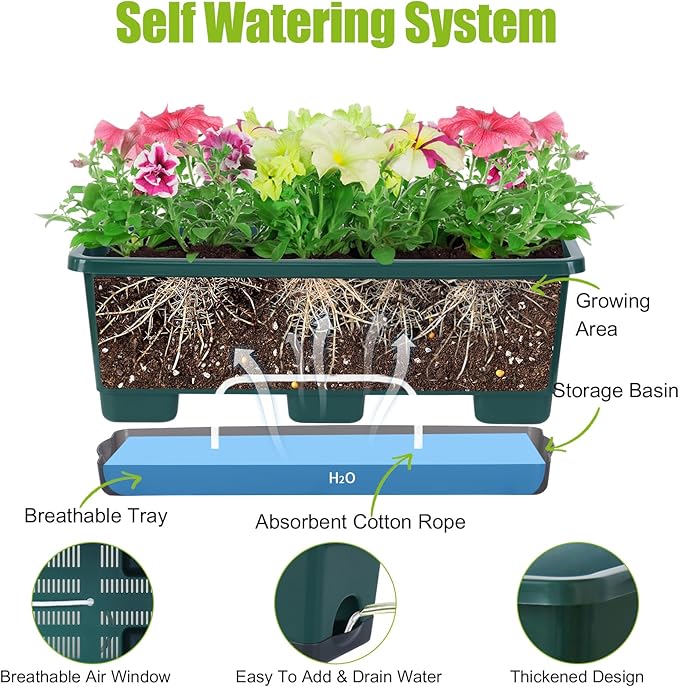 Window Box Planter 8 Pcs, 17 Inches Rectangle Flower Pots with Drainage Holes & Trays, Vegetable Planters for Windowsill Patio Garden Balcony Home Indoor Outdoor (Dark Green, 16 * 7 * 6 inch)