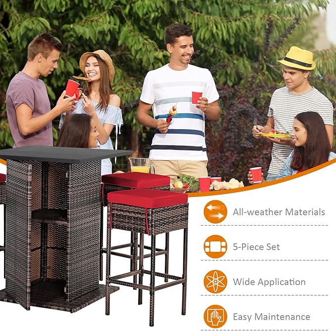 Tangkula 5 Piece Outdoor Rattan Bar Set, Patio Bar Furniture with 4 Cushions Stools and Smooth Top Table with Hidden Storage Shelf, Outdoor Conversation Set for Poolside, Backyard, Lawn (Red)