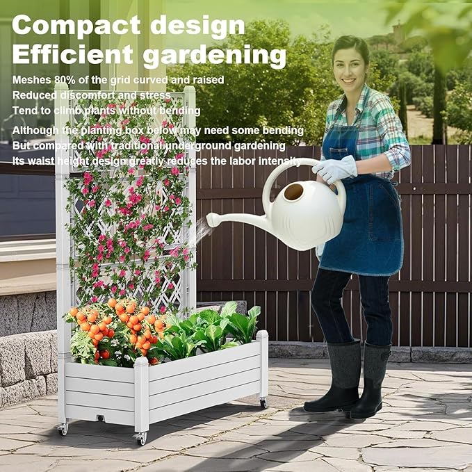 Raised Garden Bed with Trellis, 21 Gallon Self Watering Planter Box with Lockable Wheels & Drainage Holes for Climbing Plants Vegetables Flowers, Anti-Rust Resin for Backyard Patio (Ashen)