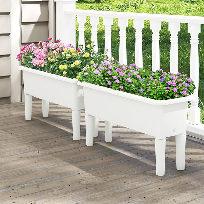 Giantex Raised Garden Beds Outdoor Set of 2, Self-Watering Planter Box with Detachable Legs & Drainage Hole, Outdoor Raised Container for Vegetable Fruit Herbs, 31.5”Lx12”Wx16”H, Easy Assembly (White)