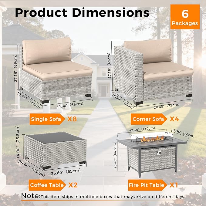 12-Seat Modern Outdoor Wicker Rattan Patio Furniture Set with 55,000 BTU Fire Pit Table, Thick 4″ Cushions, All-Weather Dual-Strand Rattan, Rust-Resistant Steel Frame,Beige