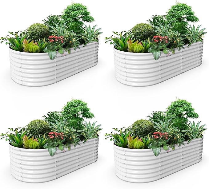 A ANLEOLIFE 4-Set 8X4X2 ft Galvanized Raised Garden Bed Kit, Oval Metal Deep Root Planters for Outdoor Plants, Antique White