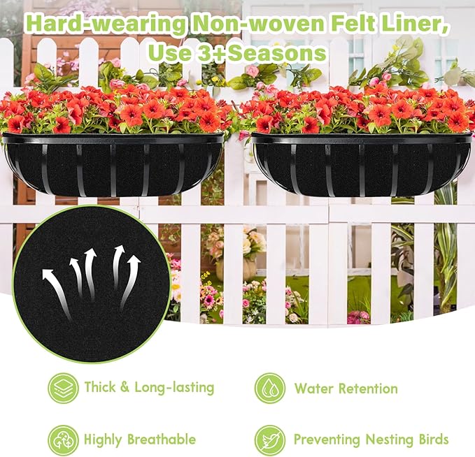 Riare 6 Pack 24 Inch Black Felt Window Box Liners- Fabric Trough Planter Basket Liners Replacement, Non-Woven Hanging Plant Liner for Wall Hanging Basket, Garden Fence Railing (Avoid Bird Nesting)