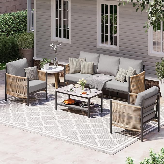 Aluminum Outdoor Patio Furniture Set with Dual-Layer Coffee Table, 4 Piece Modern Patio Conversation Sets with PE Rope, Outdoor Sectional Sofa with Thick Cushions for Balcony, Porch, Gray