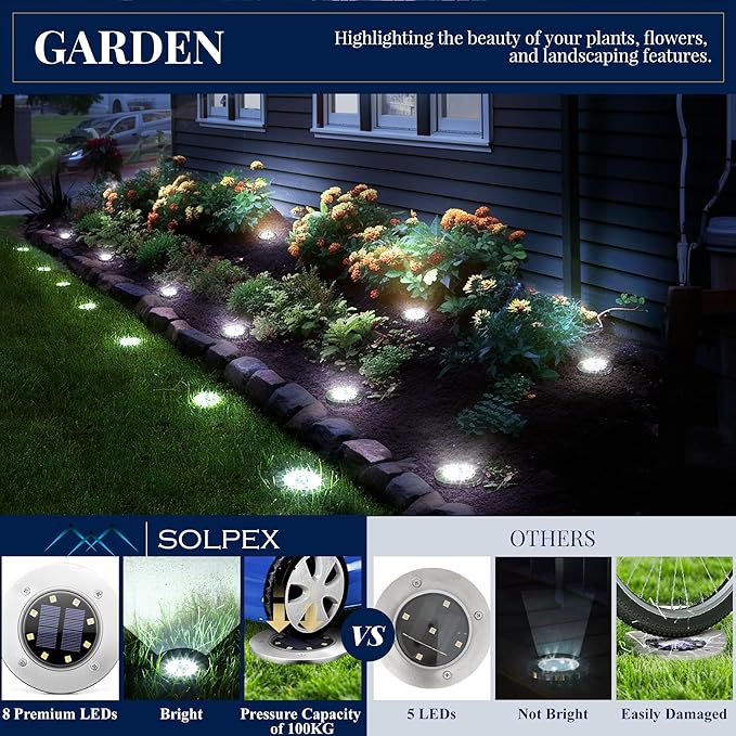 SOLPEX Solar Ground Lights, 12 Pack Solar Lights Outdoor Waterproof, 8 LED Solar Powered Landscape Lighting for Garden Yard Patio Pathway Driveway Walkway (Cool White)