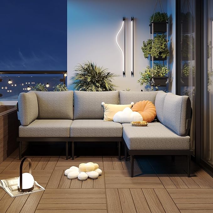 Sundale Outdoor 5 Pieces Patio Furniture Set with Fire Pit Table, Metal Outdoor Sectional Sofa with 6" Olefin Cushion, Modern Outdoor Conversation Sets for Backyard, Poolside, Sunroom