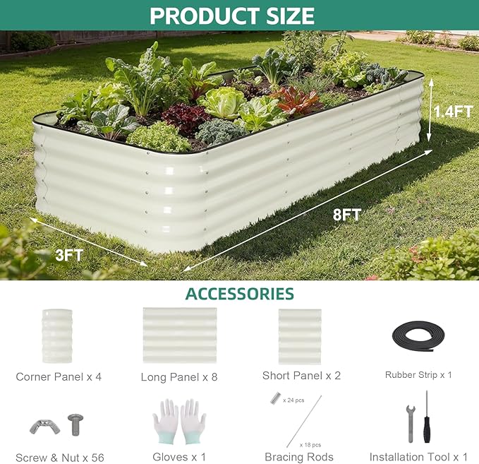 5 in 1Galvanized Raised Garden Bed - 8x3x1.4ft Modular Garden Planter Bed Outdoor | Steel Raised Bed Kit with Bracing Rods, Gloves for Gardening Vegetables Fruits and Flowers - White