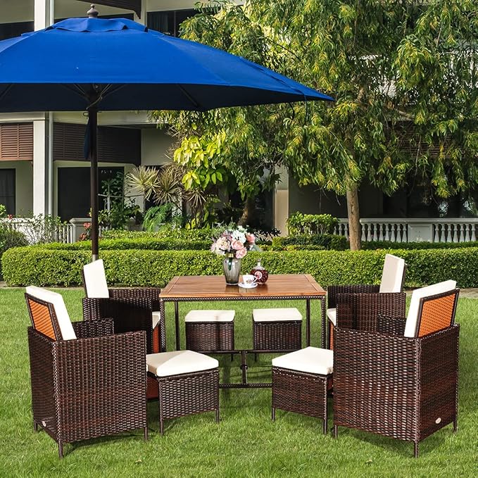 Tangkula 9 Pieces Patio Acacia Wood Table and Chairs Set with Umbrella Hole, Outdoor Space Saving Outdoor Dining Set,for Garden,Yard,Poolside