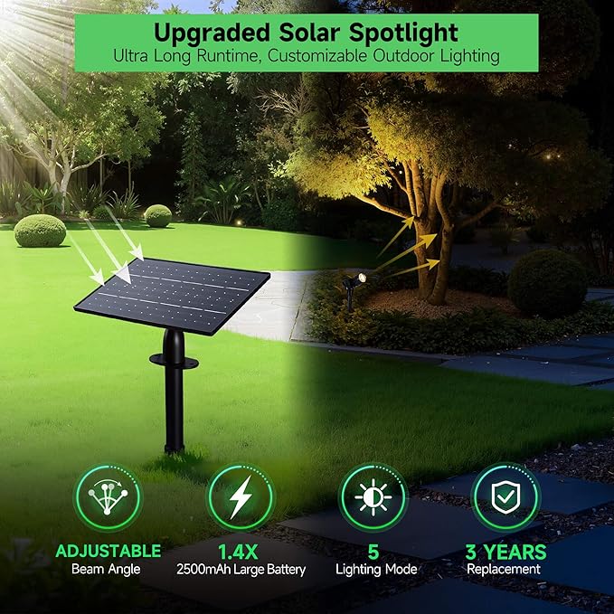 All Night Solar Spot Lights 2500mAh, Adjustable Angle Landscape Lights Waterproof, Separate Panel LED Uplight Dusk to Dawn, 5 Lighting Modes for Plant Flag Sign Bush 6 Pack