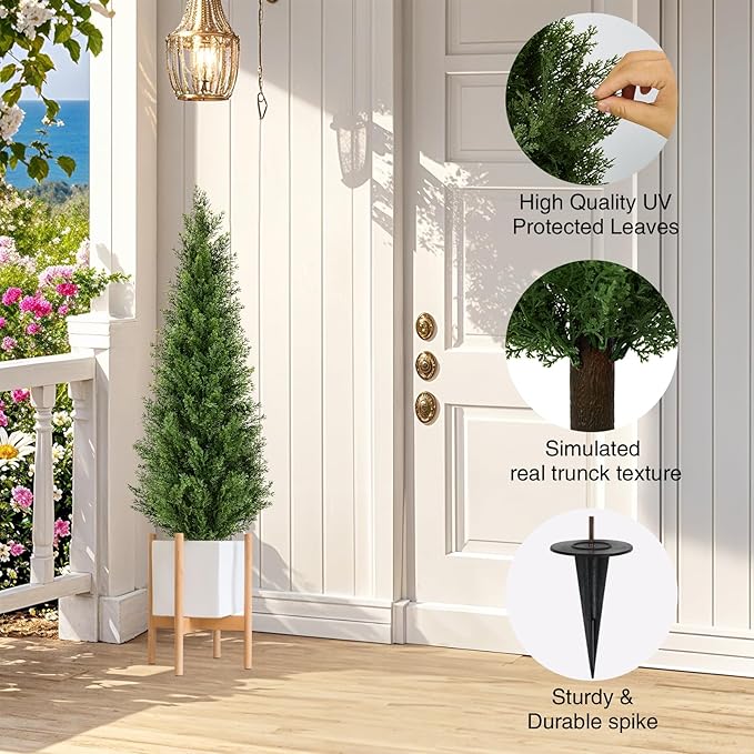 2 Pack 4ft Artificial Cedar Topiary Trees with Ground Spike, Realistic Fake Plants Tree UV Resistant Artificial Plants Indoor Outdoor Faux Plants Evergreen Bushes Shrubs for Porch Garden Office