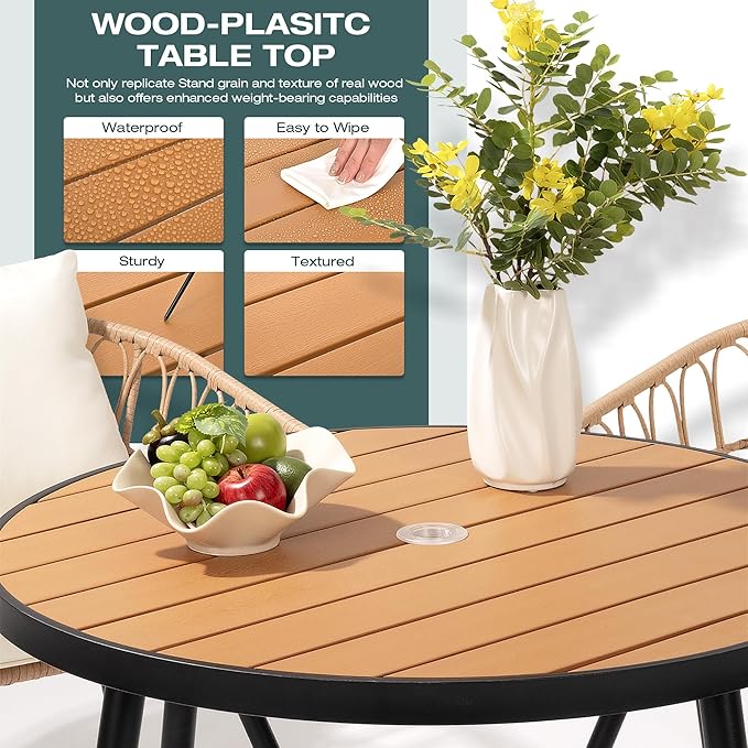 Pamapic 5-Piece Outdoor Dining Set, All-Weather PE Rattan Outdoor Furniture Set with Wood Table Top, Patio Dining Set with Cushion Chairs & Round Table for Garden, Lawn, Patio (Yellow & White)