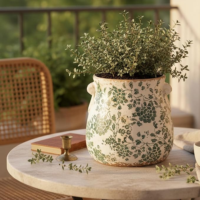 Tuscan Ceramic Planters and Kitchen Utensil Holder, 6.68 Inch Vintage Plant Pots with Drainage for Indoor/Outdoor, Country Cottage Vase for Home Garden Decor, Gifts for Plant Lovers, Cyan