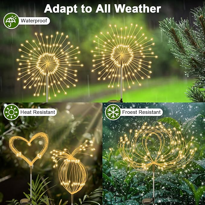 Solar Garden Lights Outdoor, 2 Pack 120 LED Twinkling Firework Lights Decorative with 2 Modes, Outdoor Waterproof Solar Starburst Light for Outside Yard Pathway Garden Decor, Warm White