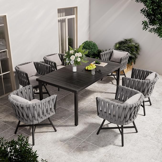 Grand patio 7-Piece Outdoor Dining Set for 6, Patio Dining Furniture Set for 6 Swivel Rope Wicker Chairs & 1 Straight Legs Rectangular Dining Faux Woodgrain Table with Umbrella Hole, Light Gray Brown