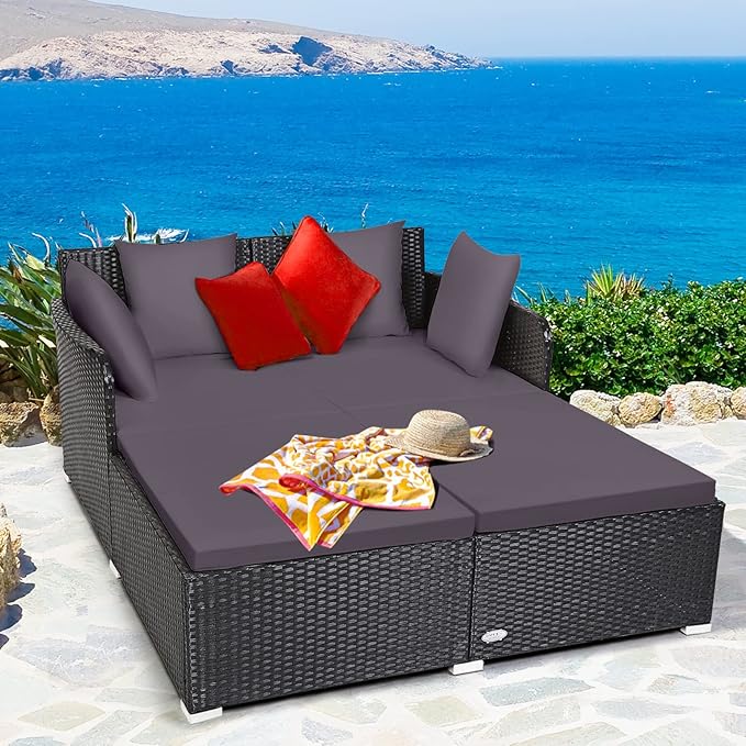 COSTWAY Outdoor Patio Rattan Daybed, Sponge Cushioned Loveseat Sofa with 4 Pillows, Wicker Furniture Sunbed for Balcony, Courtyard (Grey)