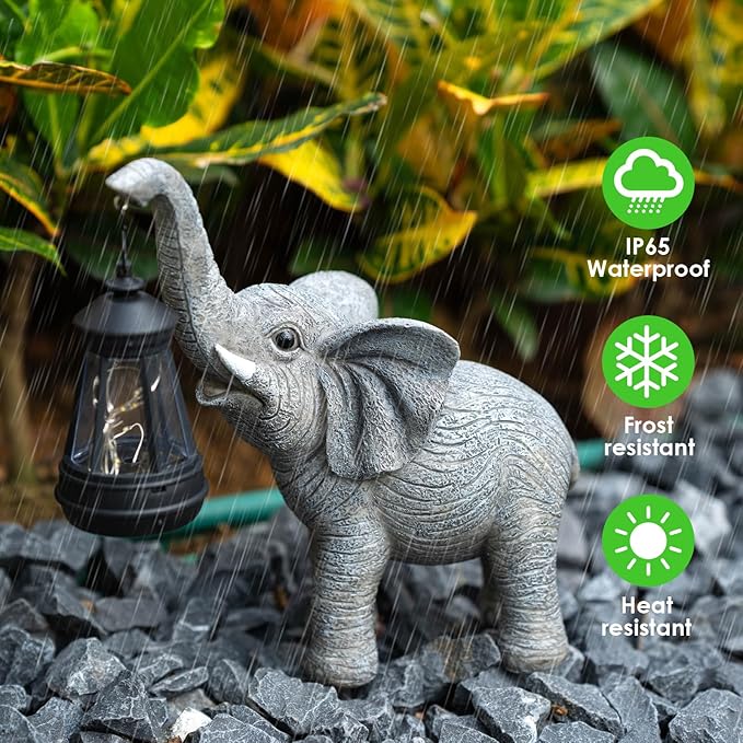 Solar Garden Statue Lights Elephants Figurine with Solar Lantern, Outdoor Yard Decorations for Patio Porch Home, Mothers Day Decorations Gift for Women - Unique Housewarming Gifts