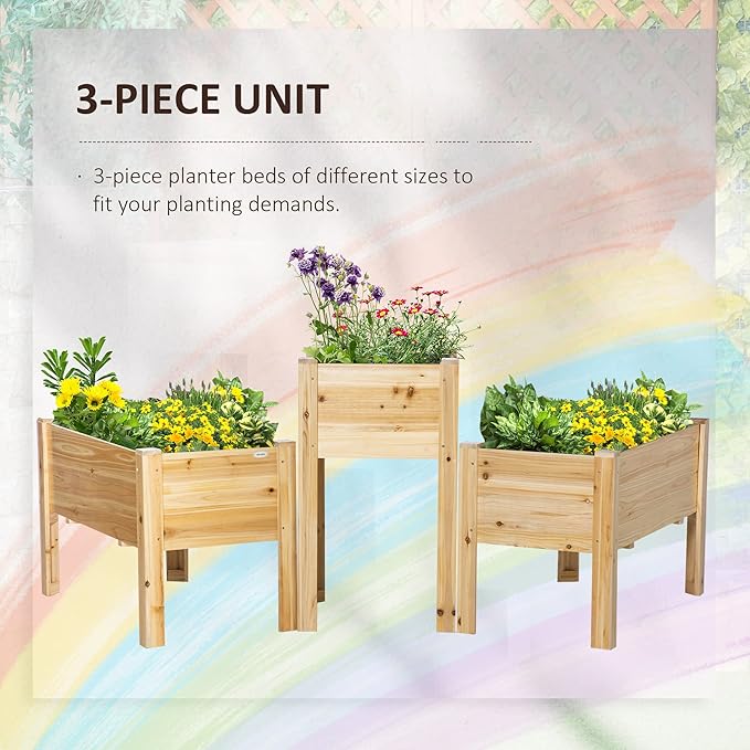 Outsunny Raised Garden Bed Set of 3, Wooden Elevated Planter Box with Legs and Bed Liner, for Backyard and Patio to Grow Vegetables, Herbs, and Flowers, Natural