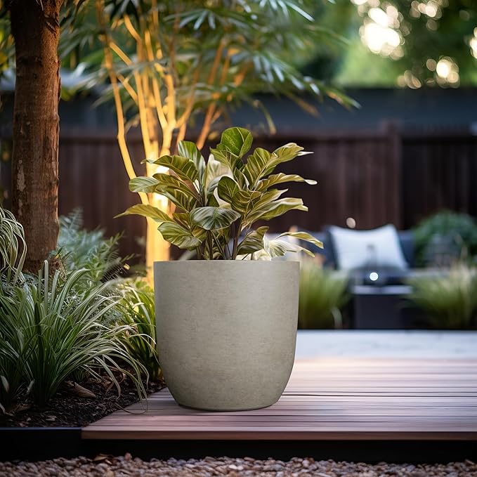 Kante 16.5" Dia Round Concrete Planter, Large Outdoor Modern Indoor Decorative Plant Pots with Drainage Hole and Rubber Plug for Home and Garden, Weathered Concrete
