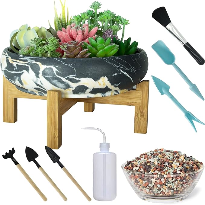 Succulent Pots, 10 Inch Large Succulent Planter Pots with Drainage - Ceramic Marble Bonsai Pot with Stand Shallow Planter for Cactus Flower Plants Plus Succulent Planting Tools Set & 2.2lb Mix Pebbles