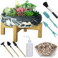 Succulent Pots, 10 Inch Large Succulent Planter Pots with Drainage - Ceramic Marble Bonsai Pot with Stand Shallow Planter for Cactus Flower Plants Plus Succulent Planting Tools Set & 2.2lb Mix Pebbles