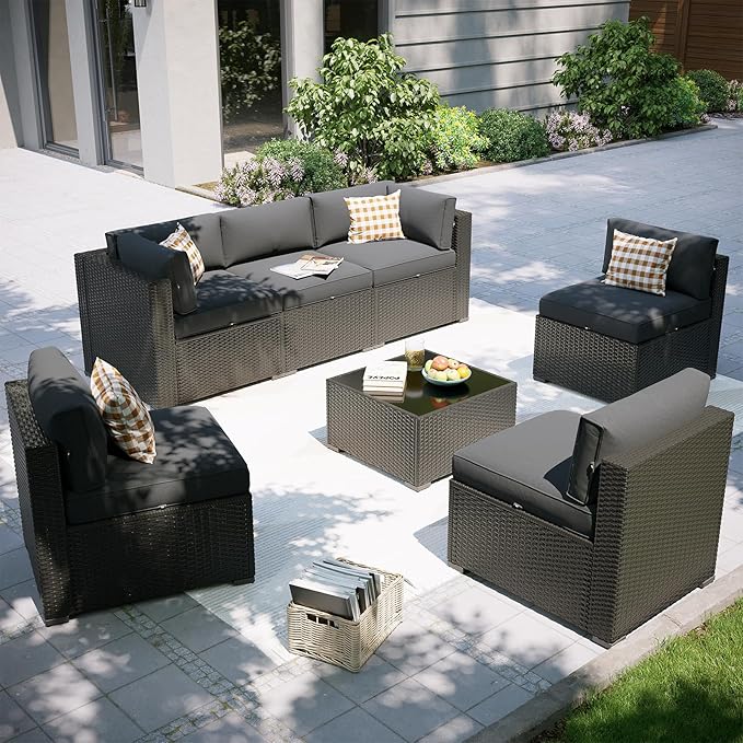 Aoxun Patio Furniture Set, 7 Piece Outdoor Sectional Sofas with Waterproof Cover, Wicker Rattan Outdoor Furniture Patio Conversation Set for Backyard, Garden Dark Grey