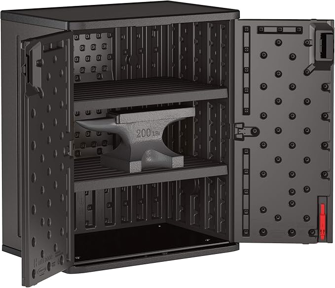 Suncast Heavy-Duty Resin Outdoor Storage Cabinet, 30" W x 20.25" D x 36" H Dark Grey Base Garage Storage Cabinet with Lockable Doors and Metal Reinforced Shelves, Made in The USA