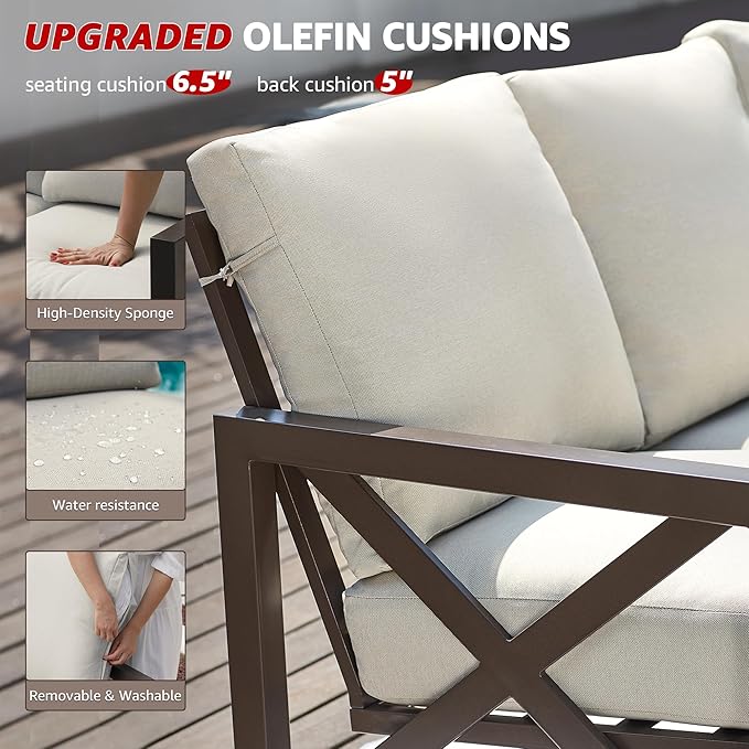 NATURAL EXPRESSIONS 6 Pieces Patio Furniture Sets, Metal Outdoor Sectional Furniture L Shape Patio Conversation Sets,Highback Frame,Metal Table,Large Waterproof Cover, 6.5" Olefin Cushions