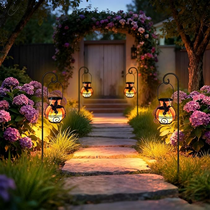 Solar Lanterns Outdoor Waterproof Flickering Flame Lights Hummingbird Metal Hanging Solar Lantern Patio Porch Garden Decoration (4 Pack)