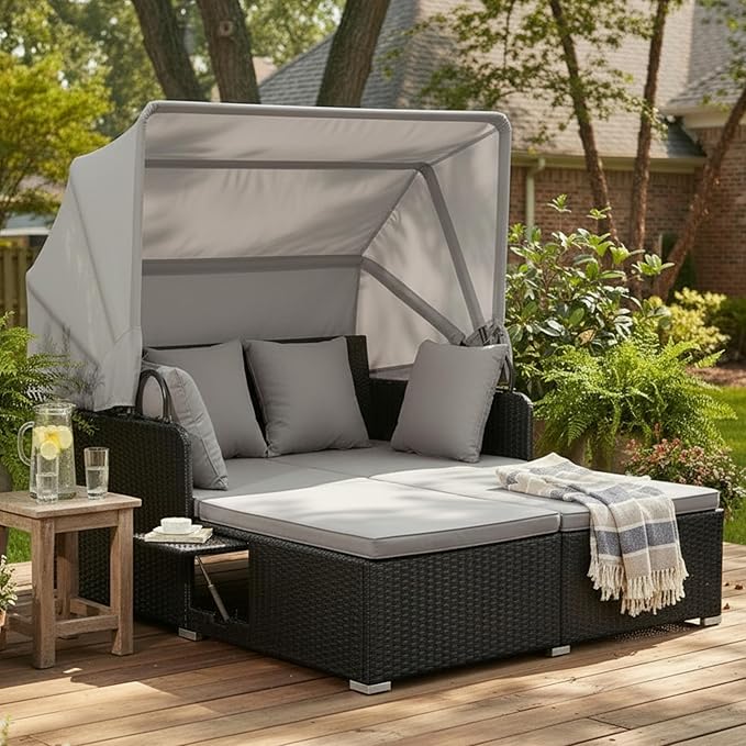 Tangkula Patio Rattan Daybed with Retractable Canopy, Outdoor Wicker Sunbed Lounger with 2 Foldable Side Tables, Thick Seat & Back Cushions, Outside Double Daybed for Garden, Backyard, Porch (Grey)
