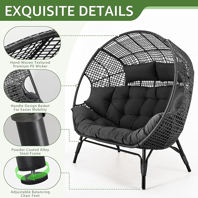 NICESOUL® Double Egg Chair Indoor Outdoor Stationary Oversized 6.5" Thick Padded Cushions,2 Person Egg Wicker Loveseat Chair,680 lbs Extra Large Lounge Chair for Patio Balcony Porch Backyard Gray